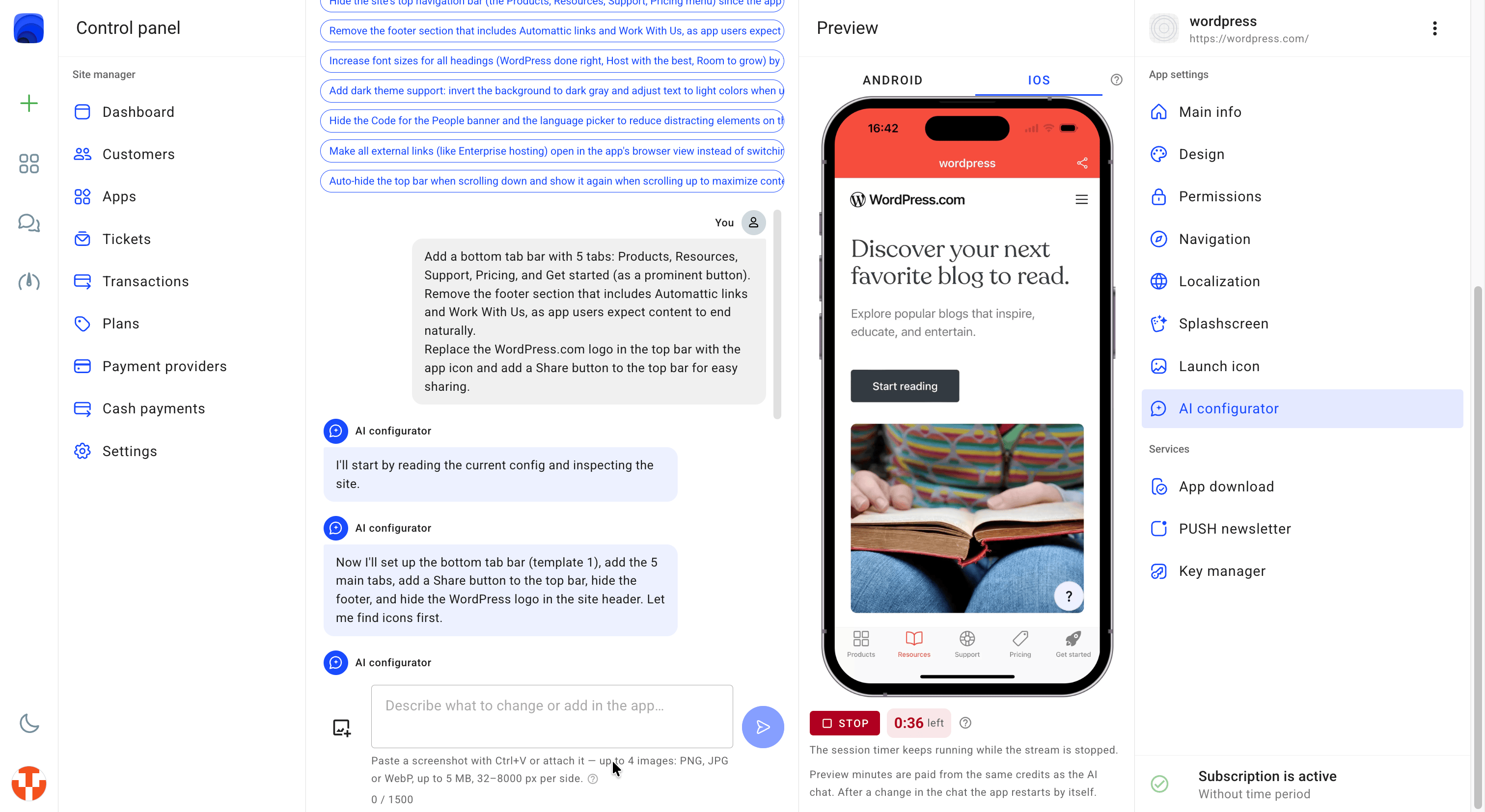 AI chat building the app, with a live mobile preview