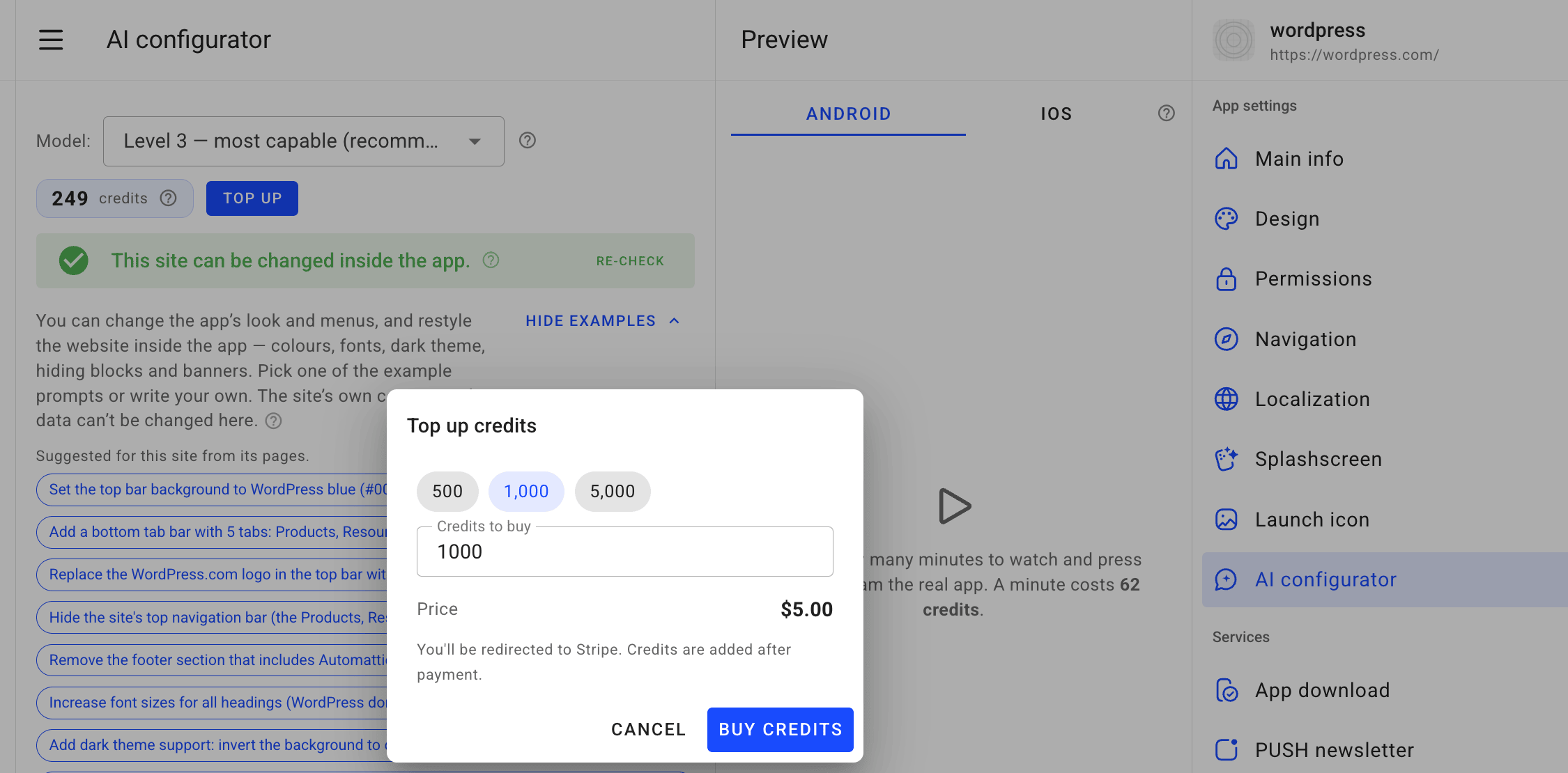 Topping up the AI credits that power the chat and preview